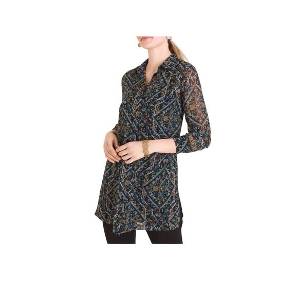Chicos size 0 small block print semi sheer tunic button up - Picture 1 of 6